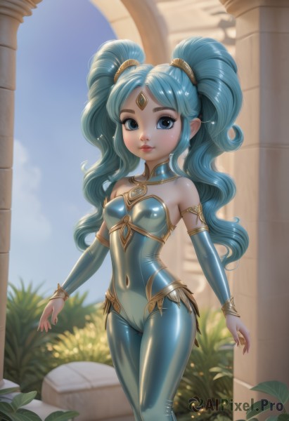 1girl,solo,long hair,breasts,looking at viewer,smile,blue eyes,bare shoulders,twintails,jewelry,blue hair,standing,small breasts,outdoors,detached sleeves,sky,day,pointy ears,shiny,blurry,bracelet,lips,bodysuit,covered navel,blurry background,cameltoe,plant,gem,skin tight,shiny clothes,tight,forehead jewel,pillar,blush,flower,artist name,leaf,column