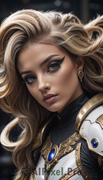 1girl,solo,long hair,looking at viewer,blonde hair,brown eyes,jewelry,upper body,earrings,parted lips,artist name,armor,blurry,lips,grey eyes,eyelashes,makeup,blurry background,wavy hair,lipstick,shoulder armor,portrait,eyeshadow,freckles,pauldrons,breastplate,realistic,nose,teeth,floating hair,gem,eyeliner,mascara