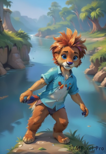 solo,looking at viewer,smile,short hair,blue eyes,brown hair,shirt,1boy,animal ears,standing,tail,full body,short sleeves,male focus,outdoors,sky,barefoot,teeth,day,collared shirt,artist name,signature,water,tree,blue sky,wet,watermark,mouth hold,grass,blue shirt,child,nature,furry,rock,furry male,male child,body fur,river,snout,brown fur,dog boy,pond,bangs,underwear,shorts,orange hair,torn clothes,ocean,claws,white fur,animal nose,orange fur