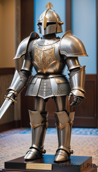 solo,holding,standing,full body,weapon,boots,sword,artist name,indoors,holding weapon,armor,blurry,blurry background,holding sword,helmet,shoulder armor,gauntlets,facing viewer,1other,pauldrons,breastplate,armored boots,greaves,faulds,knight,full armor,ambiguous gender,helm,chainmail,plate armor,1girl,arm at side