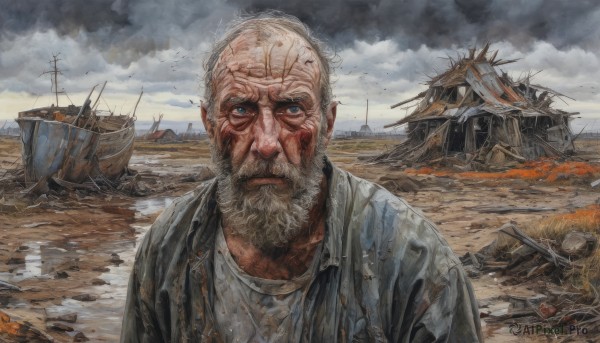 solo,looking at viewer,blue eyes,shirt,1boy,jacket,white shirt,upper body,white hair,male focus,outdoors,sky,cloud,water,facial hair,bird,scar,cloudy sky,beard,realistic,watercraft,manly,old,dirty,old man,ship,boat,closed mouth,day,black jacket,torn clothes,ocean,fire