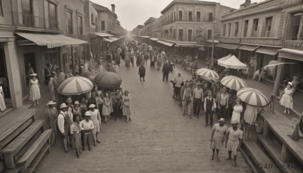 long hair,multiple girls,hat,dress,monochrome,greyscale,outdoors,multiple boys,6+girls,umbrella,building,child,scenery,6+boys,city,road,parasol,architecture,street,crowd,people,bag,formal,sunlight,suit,walking,stairs,statue