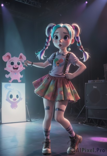 1girl,solo,long hair,looking at viewer,blush,smile,open mouth,bangs,skirt,blonde hair,shirt,hair ornament,twintails,jewelry,blue hair,standing,full body,white shirt,pink hair,braid,short sleeves,multicolored hair,pleated skirt,earrings,parted lips,shoes,teeth,alternate costume,socks,striped,artist name,indoors,necklace,black footwear,black eyes,twin braids,flat chest,bracelet,two-tone hair,lips,hand on hip,aqua hair,thigh strap,shadow,brown footwear,standing on one leg,suspenders,aged down,t-shirt,child,bandaid,pink skirt,red lips,female child,print shirt,television,bandaid on leg,bandaid on knee,stage,speaker,spotlight,striped socks,stage lights,screen,concert,blue eyes,heart,boots,miniskirt,bag,piercing,backpack,instrument,multicolored clothes,forehead,cross-laced footwear,hair tie,light,pigeon-toed,platform footwear,multicolored legwear