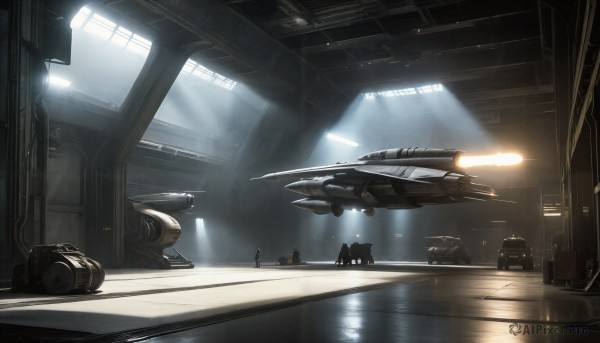 HQ,indoors,signature,military,no humans,window,sunlight,robot,scenery,mecha,science fiction,light rays,realistic,aircraft,light,vehicle focus,spacecraft,hallway,lights,ground vehicle,motor vehicle,reflection,military vehicle,airplane,jet