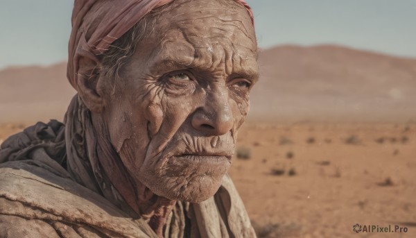 solo,looking at viewer,1boy,closed mouth,male focus,sweat,outdoors,sky,day,blurry,blue sky,blurry background,portrait,realistic,sand,bald,old,dirty,old man,desert,dust,wrinkled skin,hat,grey eyes,facial hair,meme