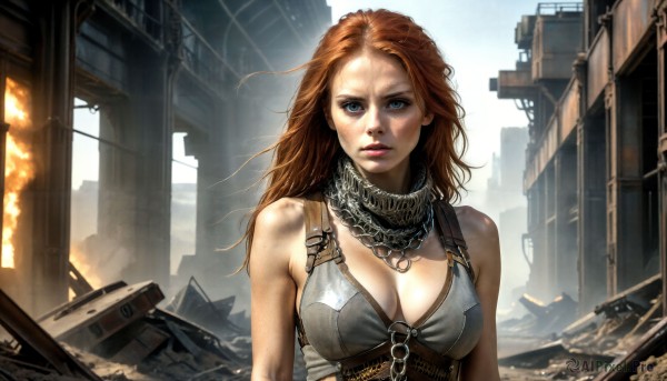 HQ,1girl,solo,long hair,breasts,looking at viewer,blue eyes,large breasts,brown hair,cleavage,bare shoulders,jewelry,medium breasts,upper body,parted lips,necklace,lips,fire,building,o-ring,freckles,realistic,ruins,dirty,destruction,red hair,scarf,orange hair,dirty face