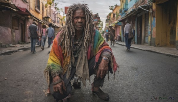 long hair,looking at viewer,shirt,black hair,long sleeves,1boy,jewelry,jacket,male focus,outdoors,multiple boys,shoes,solo focus,day,pants,dark skin,necklace,facial hair,bandages,black pants,squatting,dark-skinned male,building,beard,6+boys,city,bandaged arm,realistic,road,one knee,old,dirty,old man,street,old woman,smile,closed mouth,blurry,denim,messy hair,sneakers,walking,crowd,poncho,people