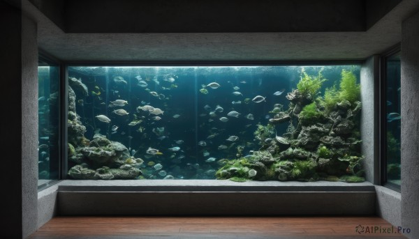 indoors,water,tree,no humans,window,sunlight,plant,nature,scenery,fish,wooden floor,rock,underwater,aquarium,coral