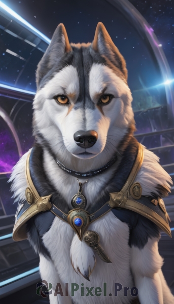 solo,looking at viewer,brown eyes,jewelry,yellow eyes,upper body,sky,armor,collar,no humans,night,animal,scar,brooch,shoulder armor,gem,star (sky),night sky,scar on face,starry sky,pauldrons,dog,scar across eye,animal focus,wolf,artist name,signature,necklace,fur collar,realistic,space