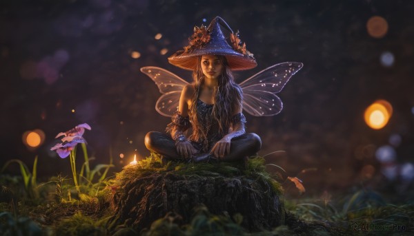 1girl,solo,long hair,breasts,looking at viewer,smile,brown hair,black hair,hat,dress,cleavage,bare shoulders,sitting,closed mouth,flower,outdoors,detached sleeves,wings,pants,signature,blurry,lips,witch hat,night,depth of field,blurry background,grass,rock,fantasy,hat flower,fairy wings,witch,fairy,indian style,mushroom,bokeh,fireflies,gloves,jewelry,collarbone,plant,scenery,blue headwear,realistic,wide shot