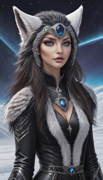 1girl,solo,long hair,breasts,looking at viewer,brown hair,black hair,animal ears,cleavage,brown eyes,jewelry,medium breasts,upper body,parted lips,sky,artist name,signature,lips,fur trim,fox ears,makeup,brooch,gem,star (sky),starry sky,realistic,headpiece,nose,red lips,space,ears through headwear,fur,yellow eyes,armor,cleavage cutout,wolf ears,helmet