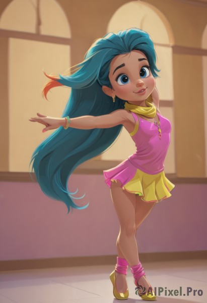 1girl,solo,long hair,breasts,looking at viewer,smile,blue eyes,skirt,dress,bare shoulders,jewelry,very long hair,blue hair,standing,full body,multicolored hair,earrings,small breasts,parted lips,shoes,sleeveless,socks,indoors,dark skin,armpits,necklace,scarf,nail polish,orange hair,bracelet,dark-skinned female,lips,makeup,blurry background,short dress,ring,crossed legs,outstretched arms,dancing,watson cross,tutu,yellow socks,blush,pleated skirt,miniskirt,window,aged down,pink skirt,bangle