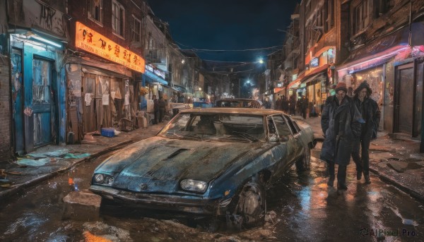 black hair,jacket,outdoors,multiple boys,sky,coat,night,ground vehicle,building,night sky,scenery,motor vehicle,reflection,rain,6+boys,4boys,city,sign,car,road,vehicle focus,police,lamppost,street,puddle,truck,real world location,standing,water,dark,people,vanishing point