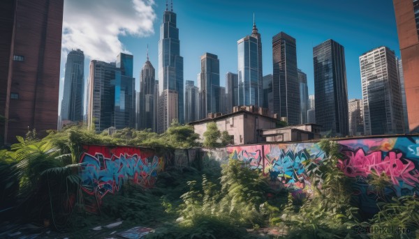 outdoors,sky,day,cloud,tree,blue sky,no humans,plant,building,scenery,city,cityscape,ruins,skyscraper,graffiti,overgrown,post-apocalypse,cloudy sky,skyline,real world location