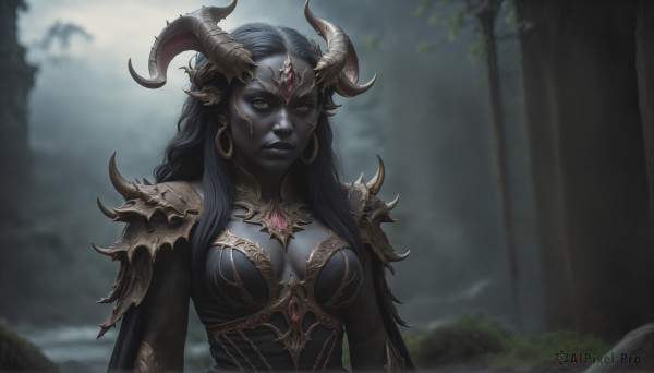 HQ,1girl,solo,long hair,breasts,looking at viewer,black hair,red eyes,cleavage,jewelry,medium breasts,closed mouth,upper body,earrings,outdoors,horns,armor,blurry,tree,lips,depth of field,blurry background,colored skin,facial mark,shoulder armor,gem,nature,forest,colored sclera,pauldrons,horn ornament,curled horns,grey skin,black lips,parted lips,pointy ears,cloud,hoop earrings,realistic,fantasy,blue skin,forehead jewel,fog