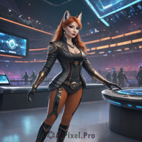 1girl,long hair,breasts,looking at viewer,blue eyes,brown hair,gloves,animal ears,cleavage,jewelry,medium breasts,standing,jacket,earrings,boots,multiple boys,solo focus,belt,pants,indoors,cat ears,necklace,black footwear,orange hair,armor,leotard,lips,black jacket,fox ears,bodysuit,makeup,knee boots,lipstick,gauntlets,eyeshadow,science fiction,red lips,eyeliner,mechanical arms,leather,brown pants,single mechanical arm,cyberpunk,hologram,solo,red hair,fox girl,realistic