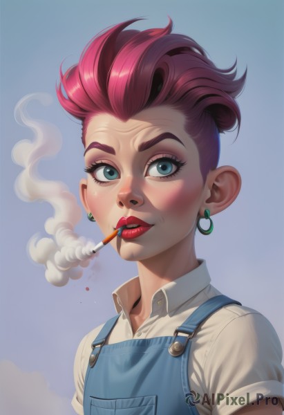 1girl,solo,looking at viewer,short hair,blue eyes,simple background,shirt,jewelry,white shirt,upper body,pink hair,short sleeves,red hair,earrings,collared shirt,aqua eyes,lips,eyelashes,makeup,blue background,mouth hold,lipstick,eyeshadow,smoke,freckles,cigarette,nose,smoking,red lips,eyeliner,overalls,undercut,mascara,blush,parted lips,teeth,artist name,dress shirt,buttons,scar,wing collar,casual,scar on face,pocket,scar across eye