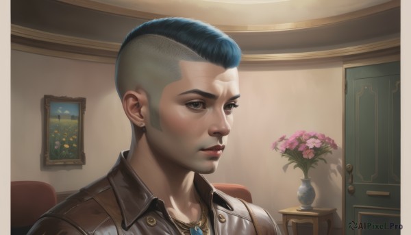 solo,short hair,shirt,black hair,1boy,brown eyes,jewelry,blue hair,white shirt,upper body,flower,male focus,earrings,parted lips,indoors,necklace,lips,chair,piercing,portrait,realistic,nose,stud earrings,very short hair,undercut,vase,pompadour,mohawk,portrait (object),jacket,table,pink flower