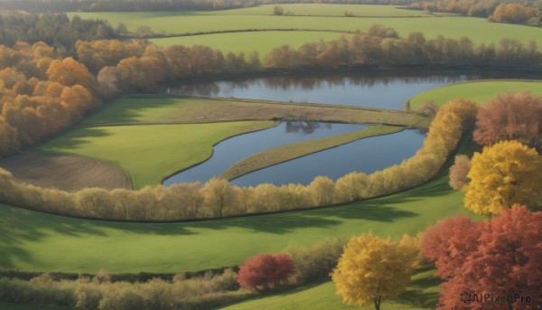 outdoors,sky,day,water,tree,blue sky,no humans,leaf,grass,nature,scenery,forest,reflection,road,autumn leaves,bridge,river,autumn,landscape,lake,reflective water,bush,field