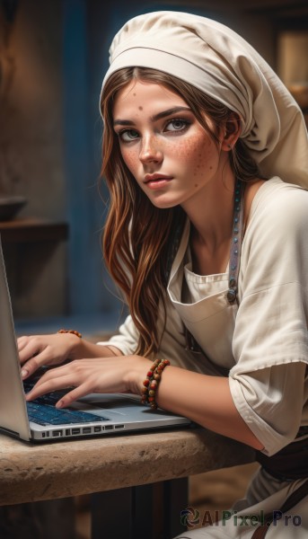 1girl,solo,long hair,looking at viewer,brown hair,dress,brown eyes,jewelry,sitting,earrings,parted lips,indoors,blurry,apron,bracelet,lips,grey eyes,depth of field,blurry background,facial mark,table,freckles,realistic,nose,computer,head scarf,laptop,shirt,hat,fingernails,eyelashes,watermark,thick eyebrows,web address,forehead mark