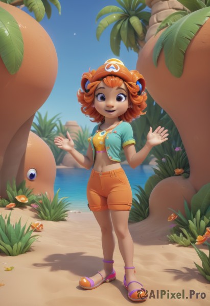 1girl,solo,breasts,looking at viewer,smile,short hair,open mouth,shirt,hat,navel,brown eyes,jewelry,standing,purple eyes,jacket,full body,short sleeves,small breasts,outdoors,food,open clothes,sky,shoes,shorts,day,midriff,water,necklace,orange hair,tree,crop top,fruit,shadow,ocean,beach,sandals,palm tree,mushroom,orange shorts,collarbone,swimsuit,flower,artist name,stomach,vest,blue sky,hands up,leaf,grass,freckles,curly hair,rock,sand,open vest,orange headwear,orange footwear,coconut