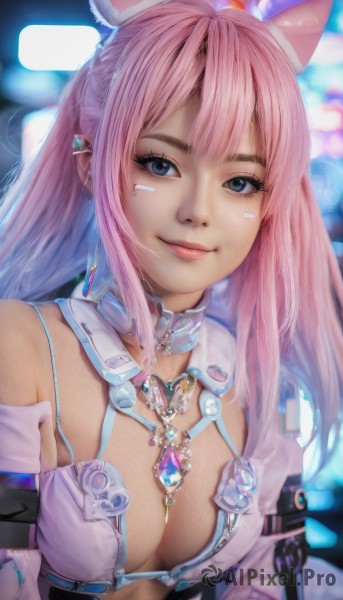 1girl,solo,long hair,breasts,looking at viewer,smile,bangs,blue eyes,animal ears,cleavage,bare shoulders,twintails,jewelry,medium breasts,closed mouth,upper body,pink hair,detached sleeves,cat ears,necklace,bra,blurry,lips,makeup,blurry background,fake animal ears,piercing,gem,ear piercing,realistic,mechanical ears,multicolored hair,earrings,eyelashes,facial mark,zipper