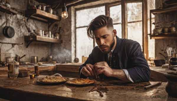 solo,short hair,black hair,long sleeves,1boy,sitting,closed mouth,jacket,upper body,male focus,food,indoors,blurry,black eyes,cup,window,facial hair,table,knife,beard,plate,smoke,bowl,realistic,spoon,mustache,stubble,cooking,kitchen,jar,frying pan,restaurant,wooden table,brown hair,shirt,black shirt,manly