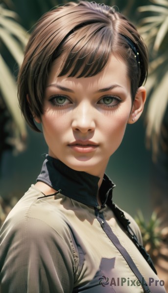 1girl,solo,looking at viewer,short hair,bangs,brown hair,closed mouth,green eyes,jacket,upper body,artist name,blurry,lips,eyelashes,depth of field,blurry background,portrait,zipper,freckles,realistic,nose,breasts,black hair,jewelry,earrings,parted lips