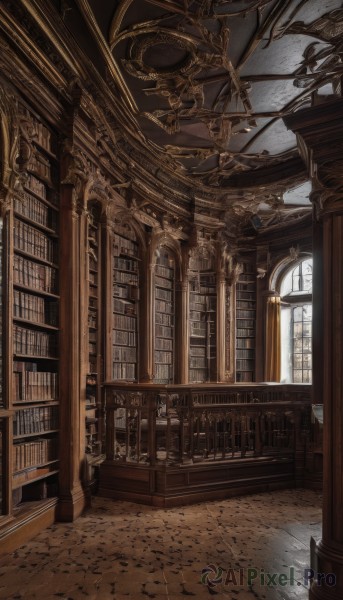 indoors,tree,book,no humans,window,sunlight,scenery,stairs,railing,bookshelf,architecture,tile floor,pillar,library,arch,chandelier,day,artist name,signature,wooden floor,fantasy,clock,candle,candlestand