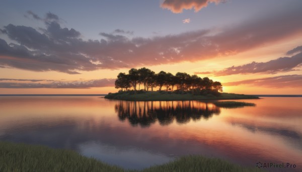 outdoors,sky,cloud,water,tree,no humans,cloudy sky,grass,nature,scenery,reflection,sunset,horizon,river,evening,landscape,lake,gradient sky,orange sky,reflective water,sunlight,forest,twilight