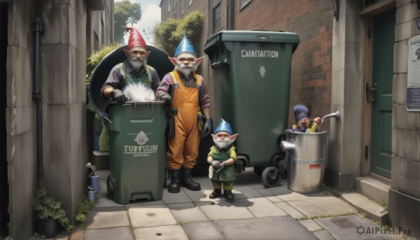 shirt,gloves,hat,holding,standing,male focus,boots,outdoors,multiple boys,glasses,day,pointy ears,2boys,black footwear,apron,colored skin,facial hair,3boys,plant,beard,4boys,mustache,door,overalls,bald,old,old man,trash can,looking at viewer,smile,long sleeves,full body,white hair,sky,black gloves,white gloves,vest,tree,sunglasses,building,clothes writing,red headwear,realistic,bucket,brick wall,alley,yordle,traffic cone