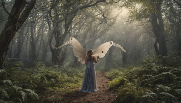 1girl, solo, long hair, brown hair, dress, standing, outdoors, wings, tree, sunlight, nature, scenery, forest, fairy wings, fairy, butterfly wings, insect wings