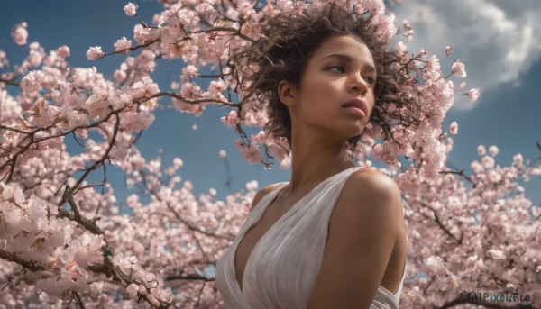 1girl, solo, breasts, short hair, brown hair, dress, cleavage, brown eyes, medium breasts, upper body, flower, outdoors, sky, day, dark skin, white dress, dark-skinned female, tree, blue sky, lips, cherry blossoms, realistic, nose