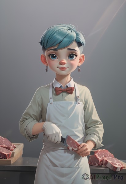 1girl,solo,looking at viewer,blush,short hair,blue eyes,shirt,gloves,long sleeves,1boy,bow,holding,jewelry,closed mouth,blue hair,standing,male focus,cowboy shot,earrings,food,artist name,white gloves,bowtie,apron,red bow,lips,knife,red bowtie,freckles,meat,smile,bangs,signature,child,holding knife,kitchen knife,cutting board