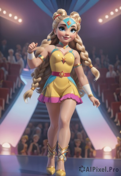 1girl,solo,long hair,breasts,looking at viewer,smile,blue eyes,skirt,blonde hair,dress,bare shoulders,jewelry,very long hair,standing,collarbone,full body,braid,small breasts,sleeveless,solo focus,choker,artist name,hand up,hair bun,blurry,twin braids,bracelet,lips,bare legs,double bun,makeup,sleeveless dress,blurry background,watermark,short dress,thick eyebrows,web address,armlet,eyeshadow,walking,nose,yellow dress,crowd,stage,stage lights,blush,closed mouth,boots,belt,indoors,depth of field,facial mark,gem,forehead mark,hair tie,bracer