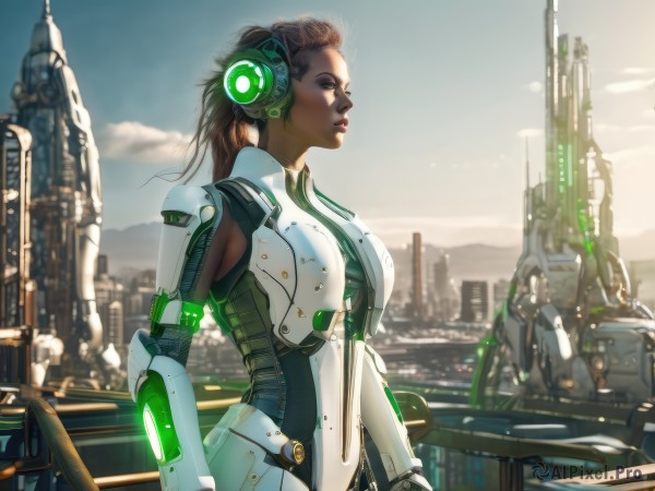 1girl,solo,long hair,breasts,brown hair,brown eyes,upper body,outdoors,sky,day,cloud,dark skin,armor,blurry,from side,dark-skinned female,lips,bodysuit,profile,blurry background,headgear,headphones,building,science fiction,city,realistic,nose,railing,cityscape,looking afar,cyborg,power armor,makeup,lipstick