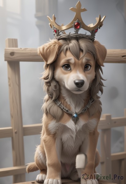 solo,looking at viewer,brown hair,brown eyes,jewelry,sitting,closed mouth,full body,necklace,blurry,no humans,blurry background,chain,animal,crown,gem,pendant,dog,fence,animal focus,artist name,watermark,web address,realistic