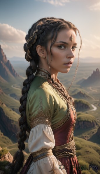 1girl,solo,long hair,breasts,looking at viewer,brown hair,black hair,hair ornament,long sleeves,dress,brown eyes,jewelry,very long hair,green eyes,standing,upper body,braid,earrings,small breasts,outdoors,parted lips,sky,day,puffy sleeves,artist name,cloud,signature,blurry,twin braids,from side,blue sky,lips,looking to the side,eyelashes,single braid,depth of field,blurry background,piercing,red dress,cloudy sky,gem,forehead,freckles,braided ponytail,mountain,realistic,nose,layered sleeves,forehead jewel,short over long sleeves,mountainous horizon,traditional clothes,multiple braids,dark skin,sunlight,backlighting