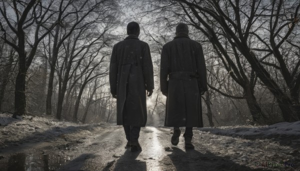 short hair,black hair,gloves,long sleeves,standing,monochrome,male focus,boots,outdoors,multiple boys,pants,2boys,from behind,black footwear,tree,coat,holding hands,nature,scenery,snow,forest,walking,black coat,snowing,facing away,winter,bare tree,shoes,black gloves,shadow,black pants,road,dark,path,grey theme