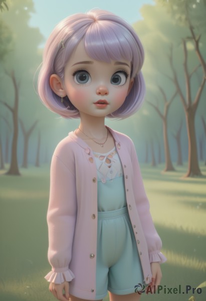 1girl,solo,looking at viewer,short hair,bangs,blue eyes,hair ornament,long sleeves,dress,jewelry,standing,jacket,purple hair,cowboy shot,earrings,outdoors,parted lips,open clothes,shorts,pussy,day,hairclip,artist name,necklace,nail polish,blurry,black eyes,flat chest,tree,lips,see-through,grey eyes,loli,eyelashes,buttons,blurry background,cardigan,grass,child,nature,light purple hair,forest,unbuttoned,female child,open cardigan,blush,shirt,realistic,pink jacket