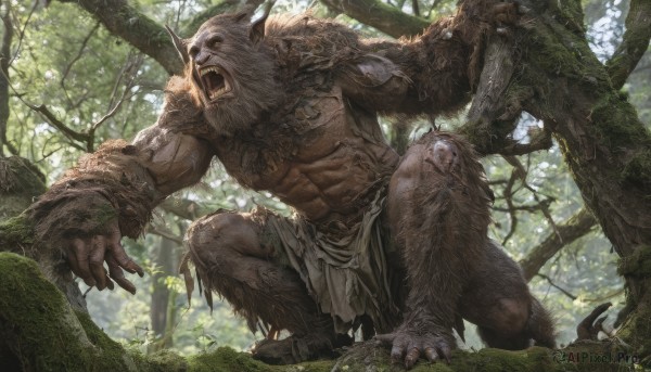 solo,open mouth,1boy,navel,full body,male focus,outdoors,teeth,day,tree,muscular,fangs,abs,sunlight,squatting,pectorals,plant,sharp teeth,muscular male,nature,claws,furry,forest,topless male,monster,branch,furry male,vines,loincloth,moss,no humans,scenery,realistic,fantasy,giant