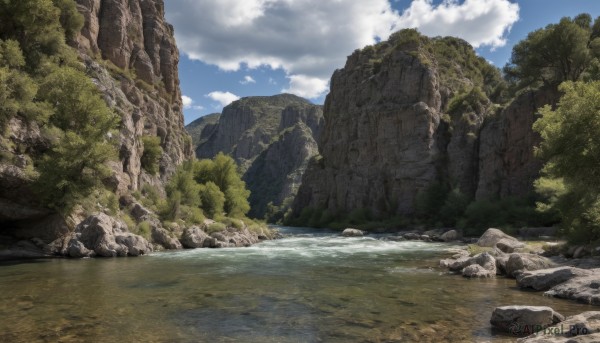 outdoors,sky,day,cloud,water,tree,blue sky,no humans,cloudy sky,nature,scenery,forest,rock,mountain,river,waterfall,landscape,cliff,bird