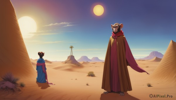 1girl,brown hair,1boy,standing,outdoors,horns,sky,day,cloud,hair bun,cape,tree,blue sky,double bun,single hair bun,cloak,sunset,robe,mountain,sand,palm tree,sun,sunrise,desert,multiple girls,2girls,sitting,bird,scenery