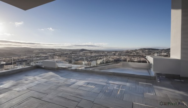 outdoors,sky,day,cloud,water,blue sky,no humans,window,ocean,sunlight,building,scenery,wooden floor,city,horizon,cityscape,watercraft,skyscraper,boat,rooftop,pier,dock,railing,landscape