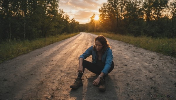 solo,brown hair,shirt,black hair,1boy,jewelry,sitting,jacket,male focus,boots,outdoors,open clothes,sky,pants,cloud,bracelet,tree,facial hair,sunlight,grass,nature,scenery,beard,sunset,realistic,sun,road,denim jacket,long hair,dark skin,open jacket,brown footwear,black pants,denim,blue jacket,forest,watch,wristwatch,one knee