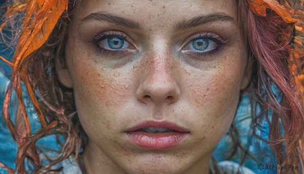 1girl,solo,looking at viewer,blue eyes,brown hair,parted lips,teeth,blurry,lips,eyelashes,portrait,close-up,freckles,realistic,nose,leaf,autumn leaves,straight-on,autumn