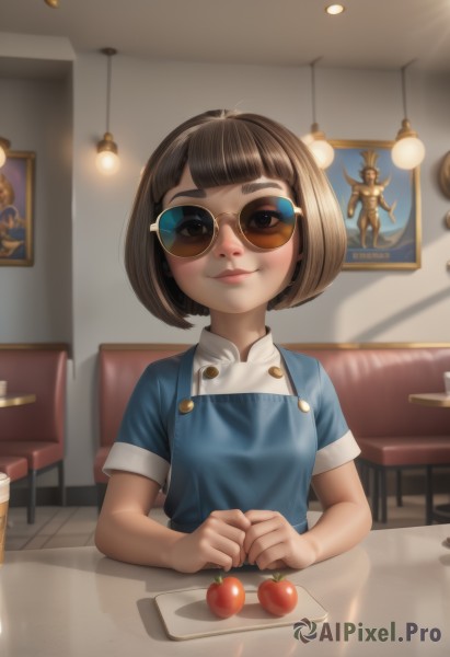 1girl,solo,looking at viewer,blush,smile,short hair,bangs,brown hair,shirt,dress,brown eyes,sitting,closed mouth,upper body,short sleeves,food,artist name,indoors,blunt bangs,cup,lips,buttons,fruit,blue dress,chair,table,sunglasses,bob cut,thick eyebrows,own hands together,blue shirt,child,reflection,realistic,nose,apple,female child,overalls,tinted eyewear,painting (object),restaurant,glasses,black eyes,apron,knife,couch,round eyewear,tomato,yellow-framed eyewear