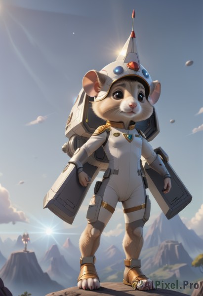 1girl,solo,breasts,animal ears,brown eyes,closed mouth,standing,full body,small breasts,outdoors,sky,day,cloud,black eyes,tree,blue sky,bodysuit,helmet,furry,clenched hands,science fiction,mountain,furry female,sun,white bodysuit,mouse,whiskers,spacecraft,spacesuit,sunrise,astronaut,looking at viewer,no humans