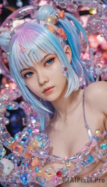 1girl,solo,long hair,breasts,looking at viewer,bangs,blue eyes,hair ornament,cleavage,bare shoulders,jewelry,closed mouth,blue hair,collarbone,swimsuit,upper body,bikini,multicolored hair,food,hairclip,blunt bangs,hair bun,blurry,two side up,lips,eyelashes,double bun,depth of field,blurry background,chain,gem,crystal,realistic,nose,twintails,medium breasts,underwear,sidelocks,earrings,small breasts,artist name,bra,makeup,bottle,bubble,pink lips,fish hair ornament,diamond (gemstone)