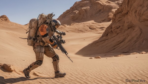 solo,gloves,1boy,holding,weapon,male focus,outdoors,sky,day,bag,holding weapon,gun,military,shadow,backpack,helmet,robot,holding gun,mecha,rifle,1other,walking,science fiction,mountain,sand,assault rifle,knee pads,sniper rifle,ambiguous gender,scope,desert,armor,from side,blue sky,running,looking ahead,dust,humanoid robot